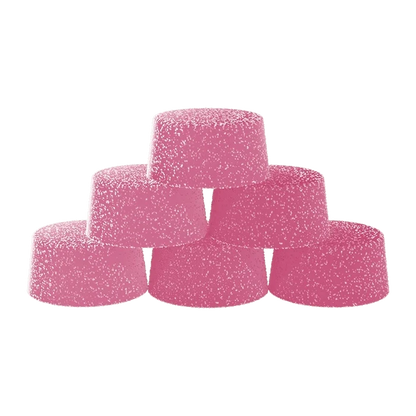 Stacked front view of six pink, sugar-coated Pink Lemonade Creamsicle Live Resin THC:CBD Gummies arranged like small rounded domes.