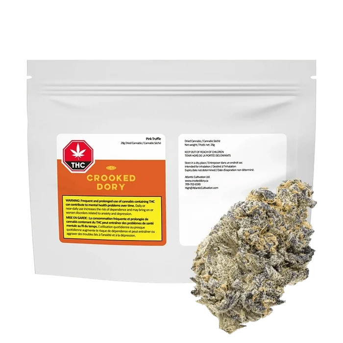 Front-facing shot of a white pouch labeled Crooked Dory Pink Truffle with a close-up of a frosty cannabis bud in the lower right.