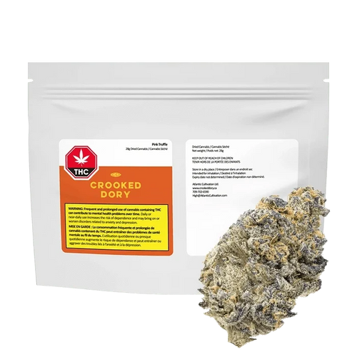 Front-facing shot of a white pouch labeled Crooked Dory Pink Truffle with a close-up of a frosty cannabis bud in the lower right.