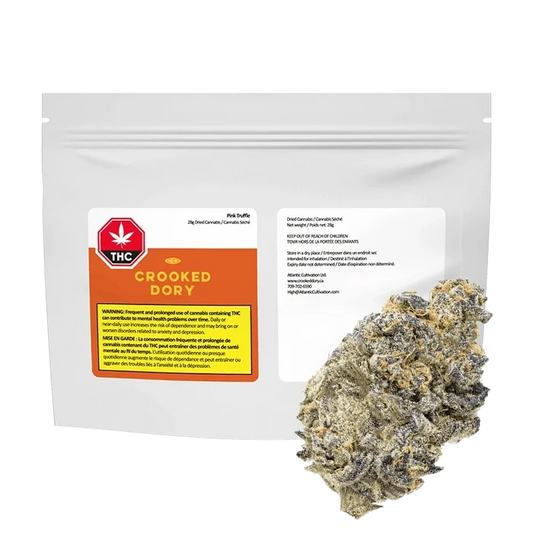 Front-facing shot of a white pouch labeled Crooked Dory Pink Truffle with a close-up of a frosty cannabis bud in the lower right.