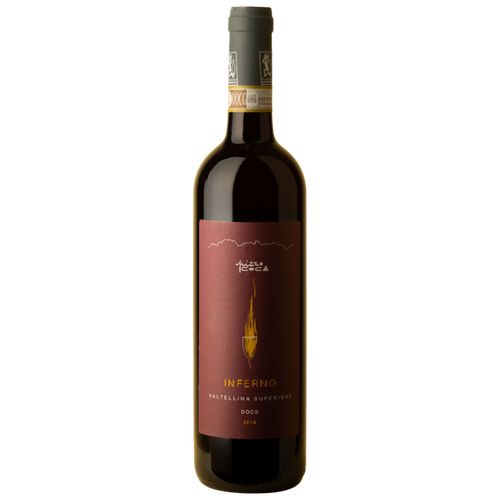 Wine bottle in dark glass with burgundy label, gold accents, and foil neck