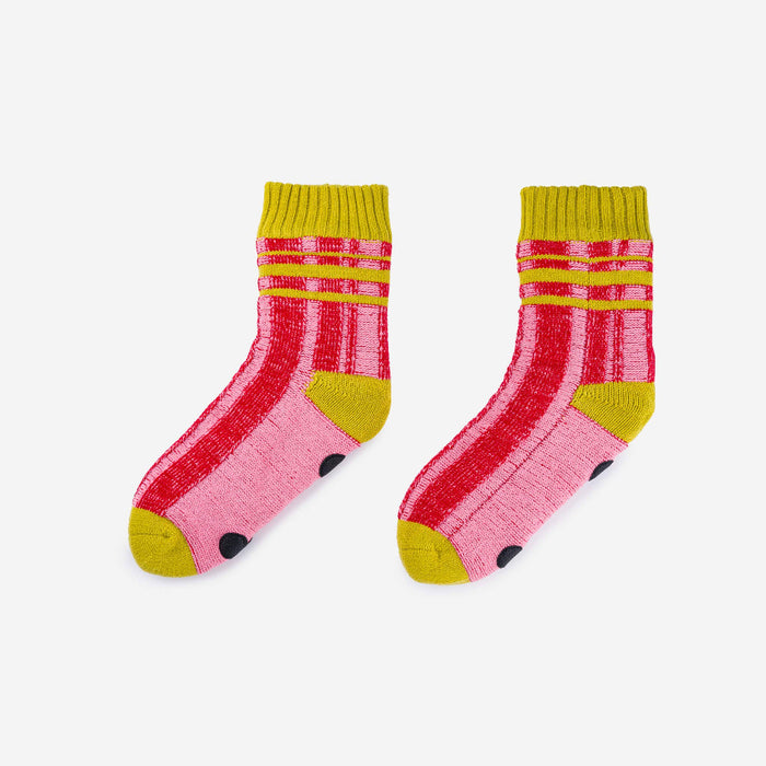 Plaid Stripe House Socks - Pink / Red, L/XL