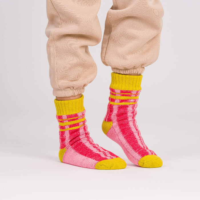Plaid Stripe House Socks - Pink / Red, L/XL