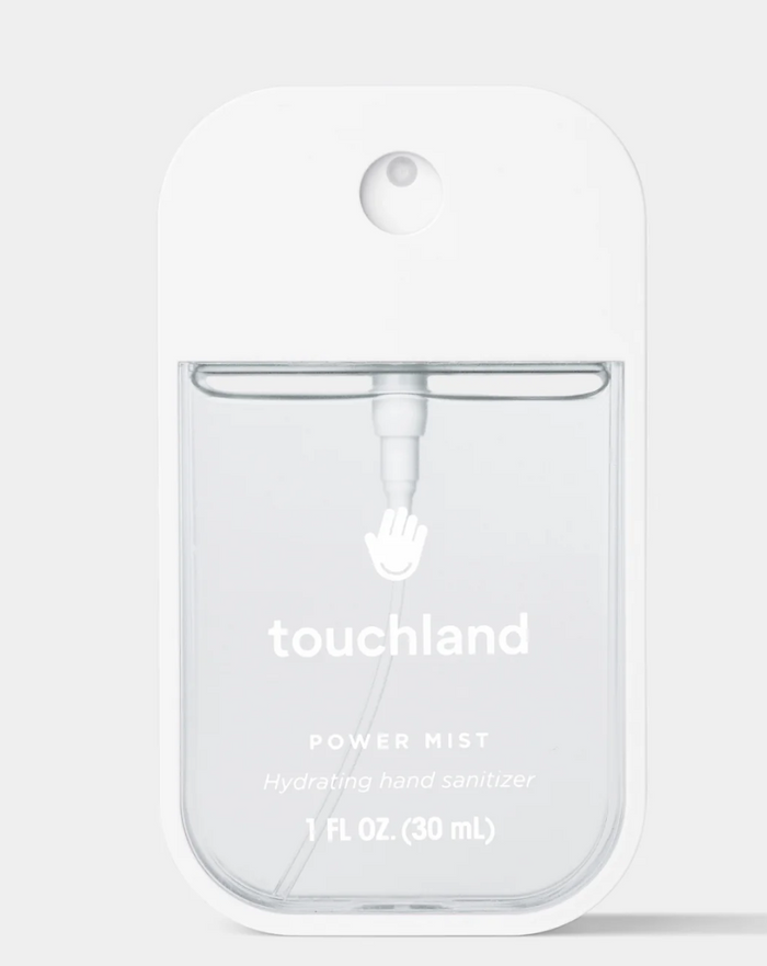 Clear handheld device with 'touchland' branding on a white background