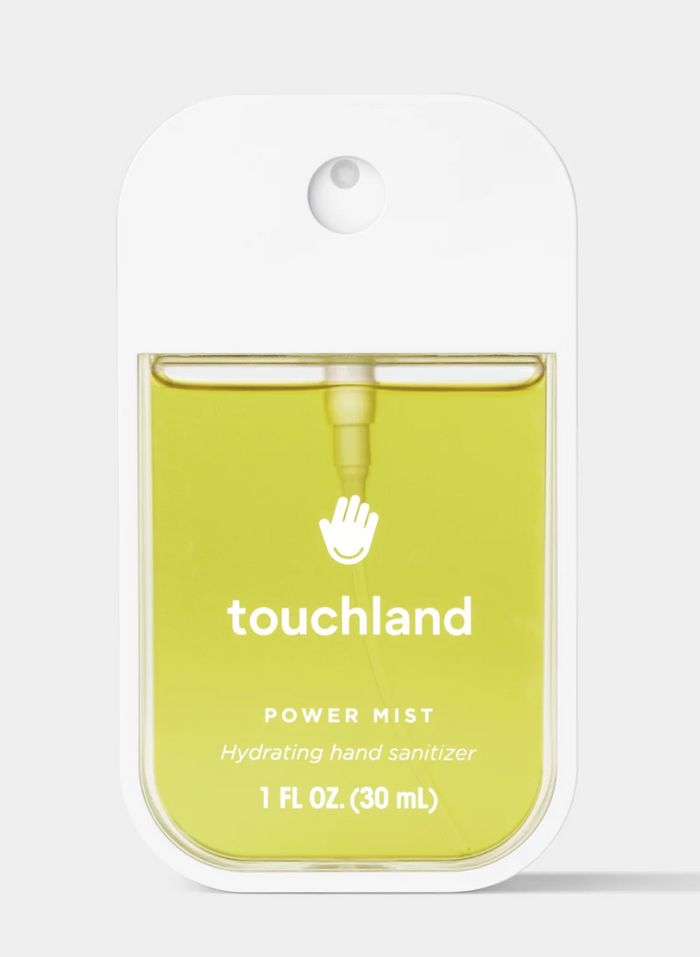 Touchland power mist hydrating hand sanitizer packaging on a white background