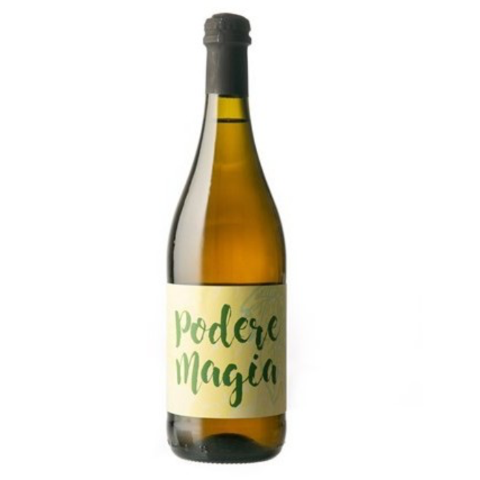 Sparkling white wine bottle with green label reading Podere Magia