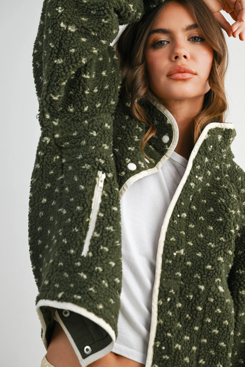 Polka Dot Olive/Taupe Sherpa Jacket Outerwear in at Wrapsody