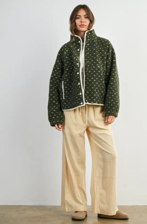 Polka Dot Olive/Taupe Sherpa Jacket Outerwear in S at Wrapsody