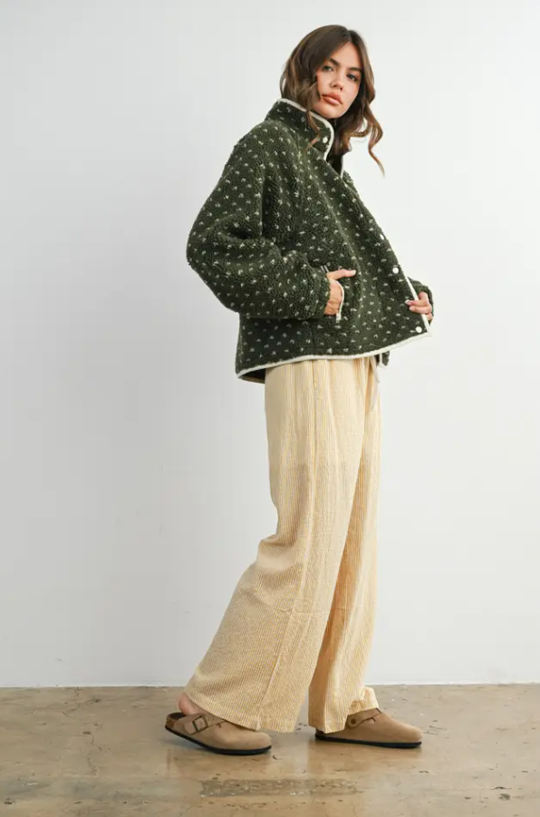 Polka Dot Olive/Taupe Sherpa Jacket Outerwear in at Wrapsody