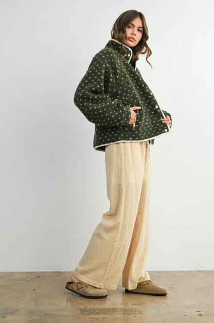 Polka Dot Olive/Taupe Sherpa Jacket Outerwear in at Wrapsody
