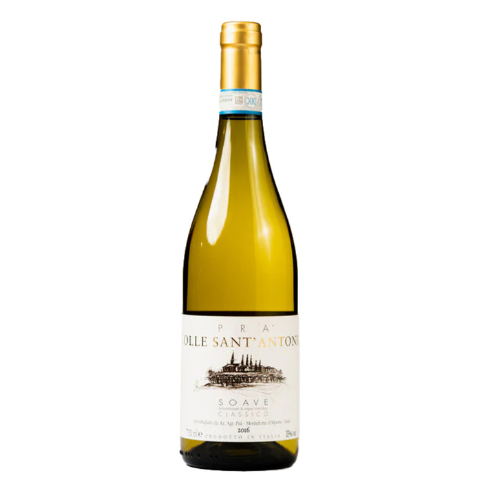 Soave wine bottle with gold foil cap, pale yellow liquid, and front label