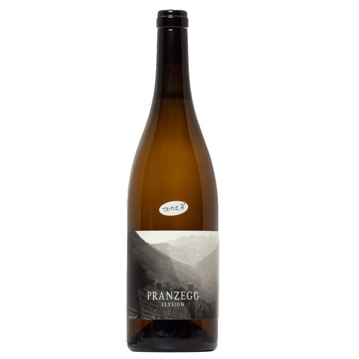 Pranzegg Elysion white wine bottle with black cap and pale label