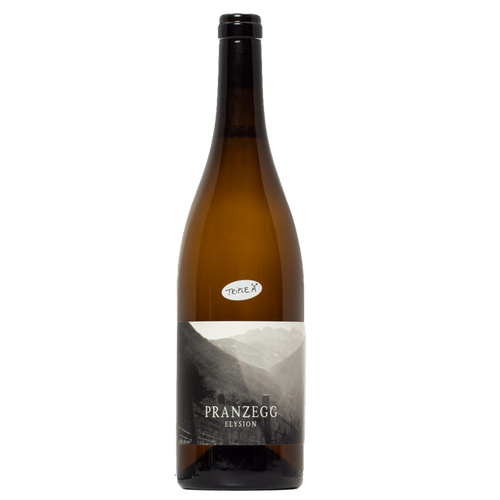 Pranzegg Elysion white wine bottle with black cap and pale label