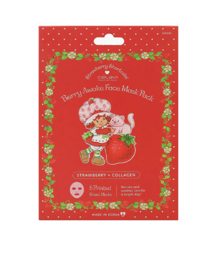 Red face mask pack packaging with strawberry character design on a white background