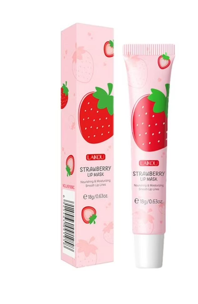 Strawberry-themed lip mask with packaging on a white background