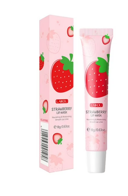 Strawberry-themed lip mask with packaging on a white background