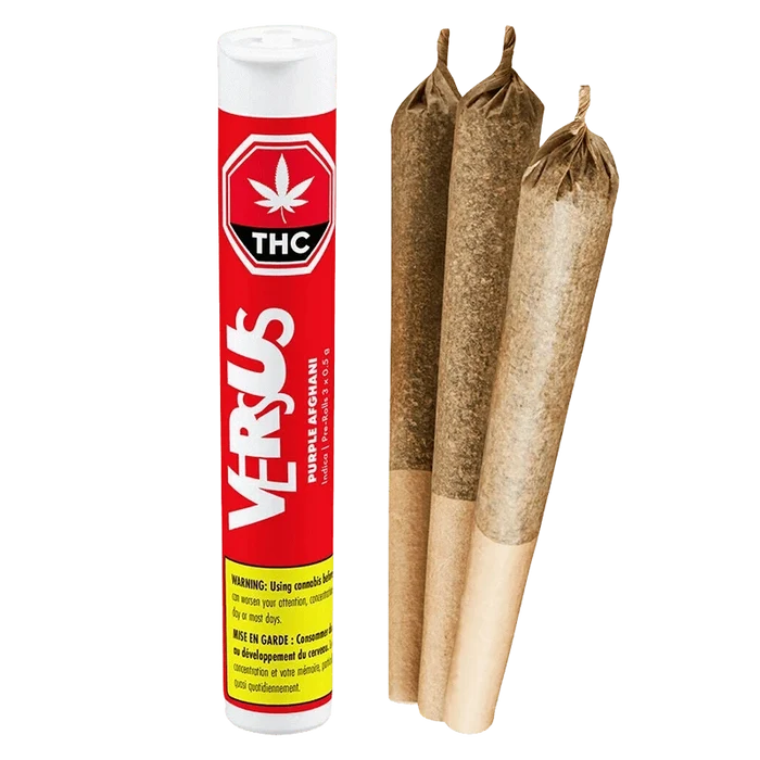 Front-facing shot of the Purple Afghani PR 3 x 0.5 g tube branded VERSUS standing next to three pre-rolled joints on a white background.