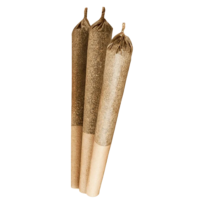 Three pre-rolled cones photographed upright on a white background for "Purple Afghani PR 3 x 0.5 g".