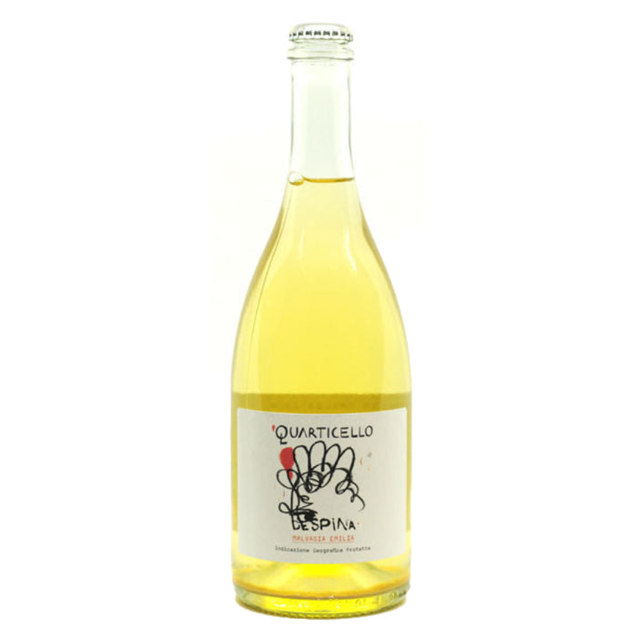 Quarticello Despina sparkling wine bottle, light straw yellow glass