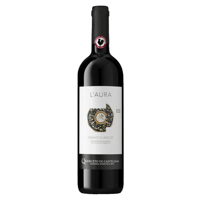 Chianti Classico red wine bottle, dark glass with 'L'AURA' label