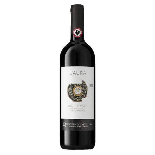 Chianti Classico red wine bottle, dark glass with 'L'AURA' label