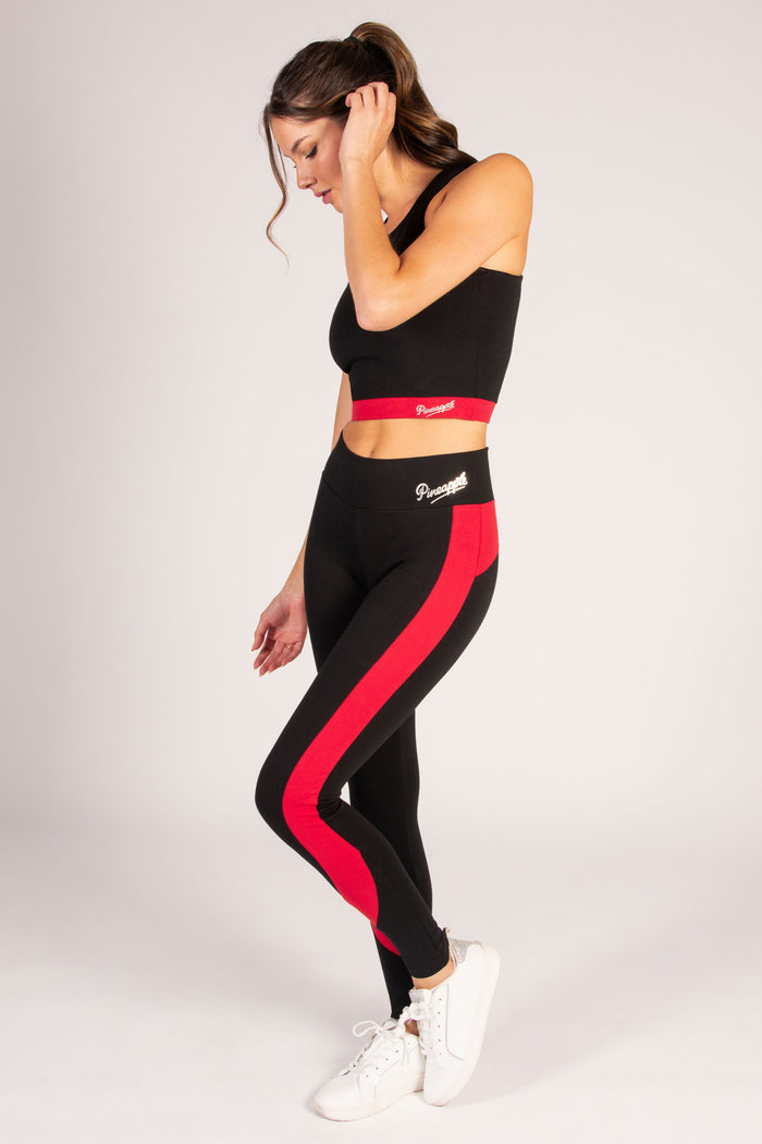 Pineapple red panel leggings in black for women, perfect for yoga sessions and low impact workouts