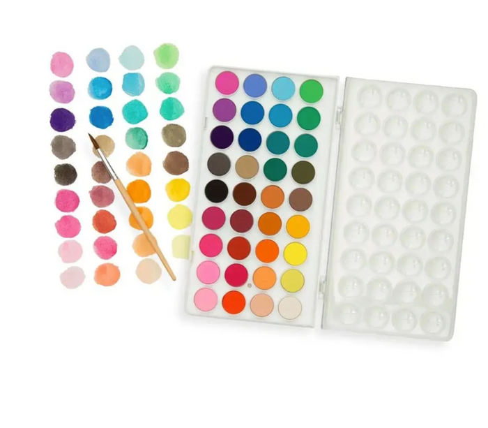 A watercolor paint palette set on a white background, featuring a 36-color watercolor paint palette, a sheet of watercolor swatches, and a wooden-handled paintbrush.