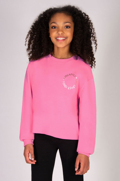 girl's pink are neck sweatshirt with loose and baggy fit