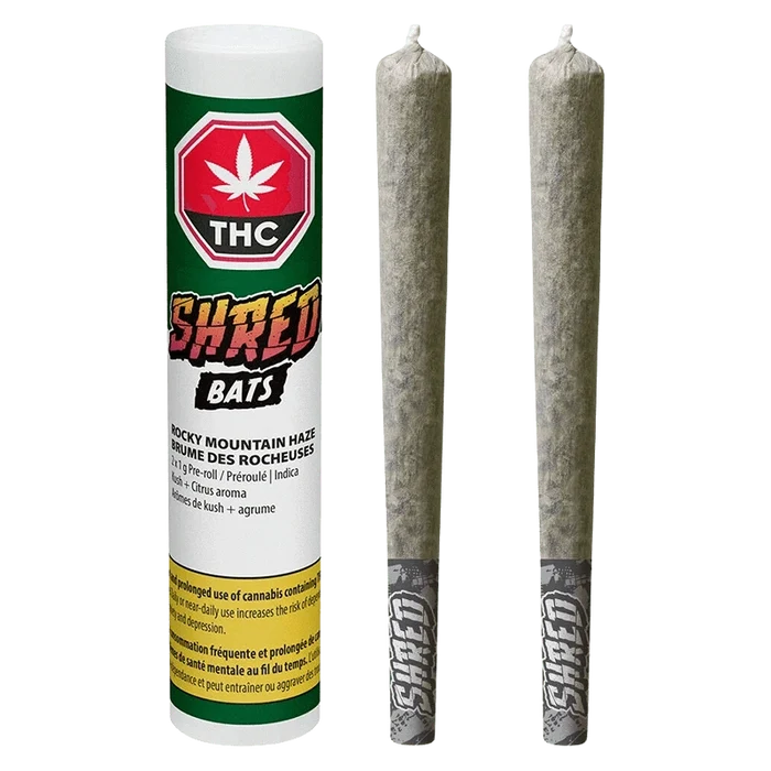 Front-facing shot of the Rocky Mountain Haze Bats PR 2 x 1 g tube with two pre-rolled joints standing upright against a white background.