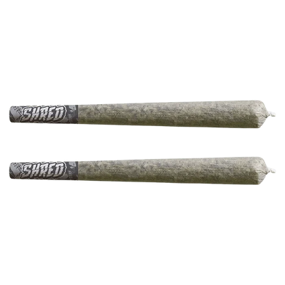 Top-down view of two rolled joints labeled "Rocky Mountain Haze Bats PR 2 x 1 g" with gray branded tips on a plain background.