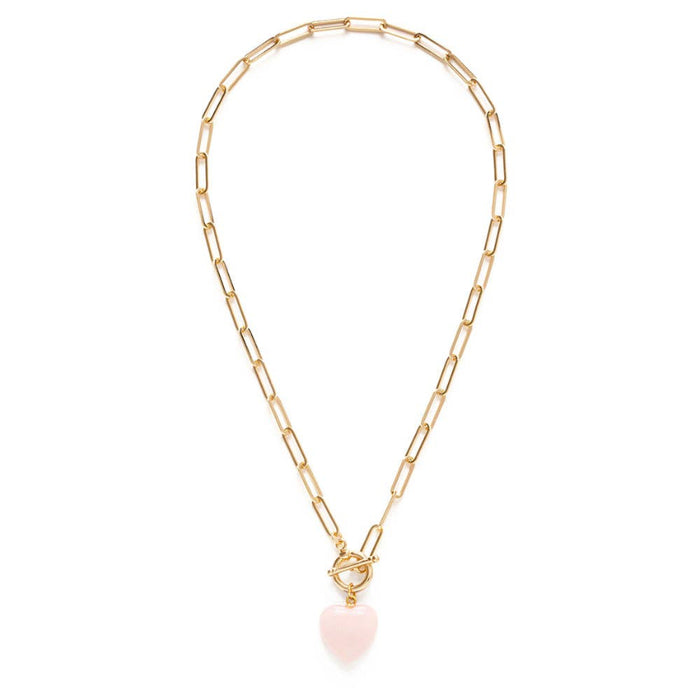 Roxy Chain Toggle Clasp Heart Necklace - Rose Quartz