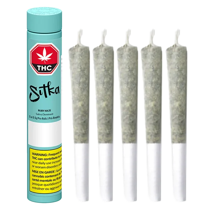 Tall front view of a turquoise tube next to five upright pre-rolls, labeled "Ruby Haze PR 5 x 0.5 g" on the tube.
