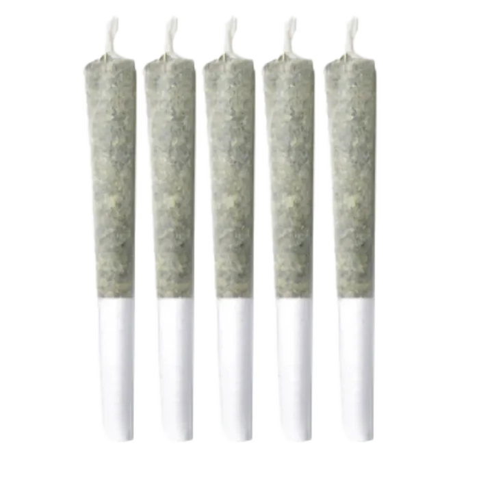 Row of five upright pre-rolled joints against a white background, labeled Ruby Haze PR 5 x 0.5 g.
