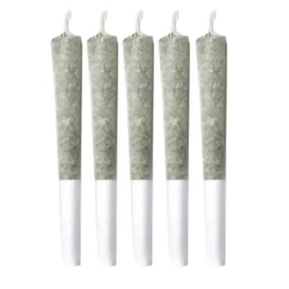Row of five upright pre-rolled joints against a white background, labeled Ruby Haze PR 5 x 0.5 g.