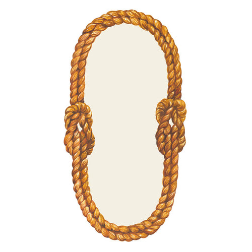 A white oval table accent framed by an illustrated double rope with a knot on either side.