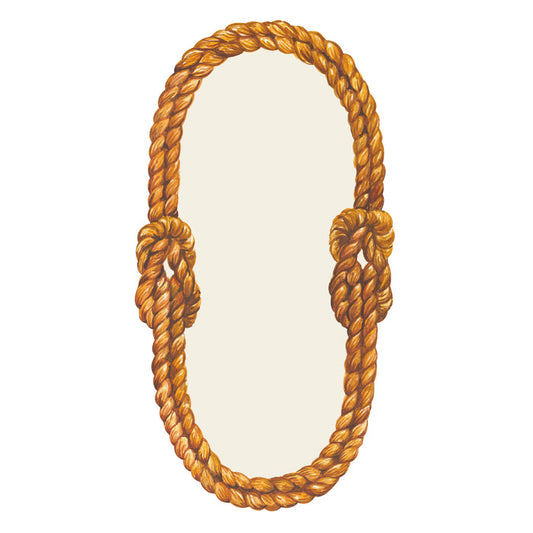 A white oval table accent framed by an illustrated double rope with a knot on either side.