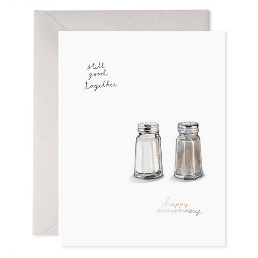 Illustration of salt and pepper shakers on E. Frances' Salt n Pepa Card with the caption "still good together - happy anniversary.