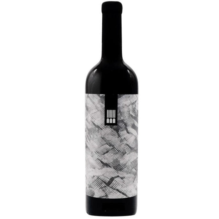 Santuvario red wine bottle 2018, front view, dark glass and monochrome patterned label