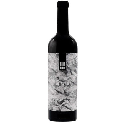 Santuvario red wine bottle 2018, front view, dark glass and monochrome patterned label
