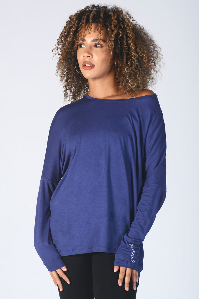 Woman wearing Pineapple navy Script Long Sleeve T-Shirt