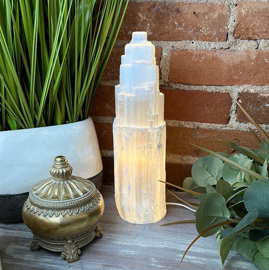 Selenite Tower Lamp `15" with bulb and cord