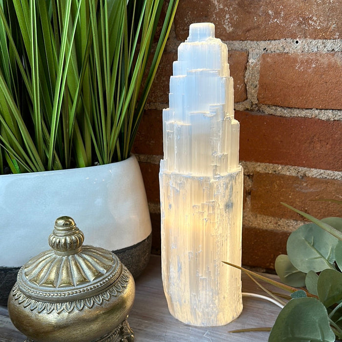 Selenite Tower Lamp `15" with bulb and cord