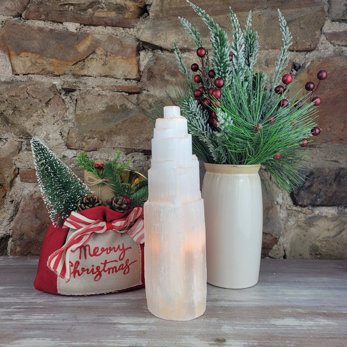Selenite Tower Lamp `15" with bulb and cord