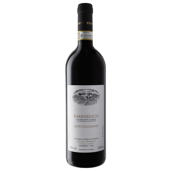 Barbaresco wine bottle in dark glass with white front label and foil neck