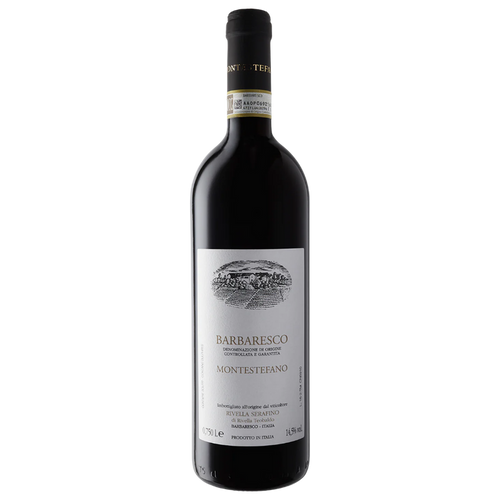 Barbaresco wine bottle in dark glass with white front label and foil neck