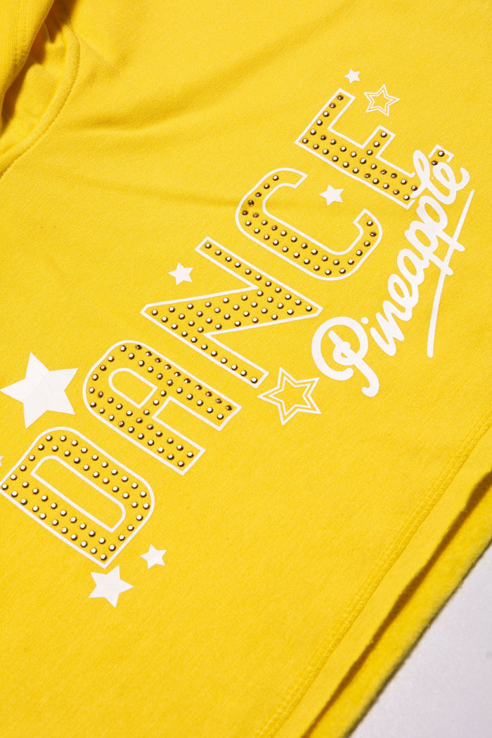 Yellow sleeveless crop hoodie for girls with sparkly diamanté 'DANCE' logo print across the chest.