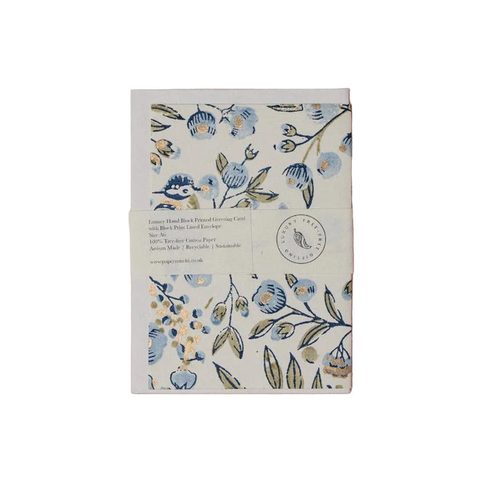 Greeting card with floral design and 'paper mirchi' branding on a white background