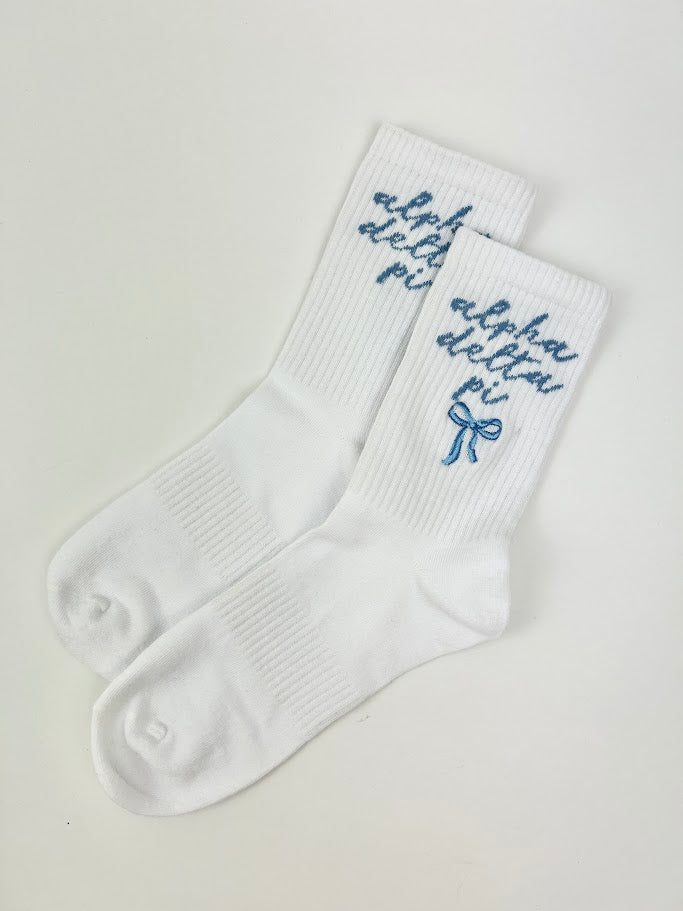 Sorority Embroidered Crew Socks Greek in Alpha Chi Omega at Wrapsody