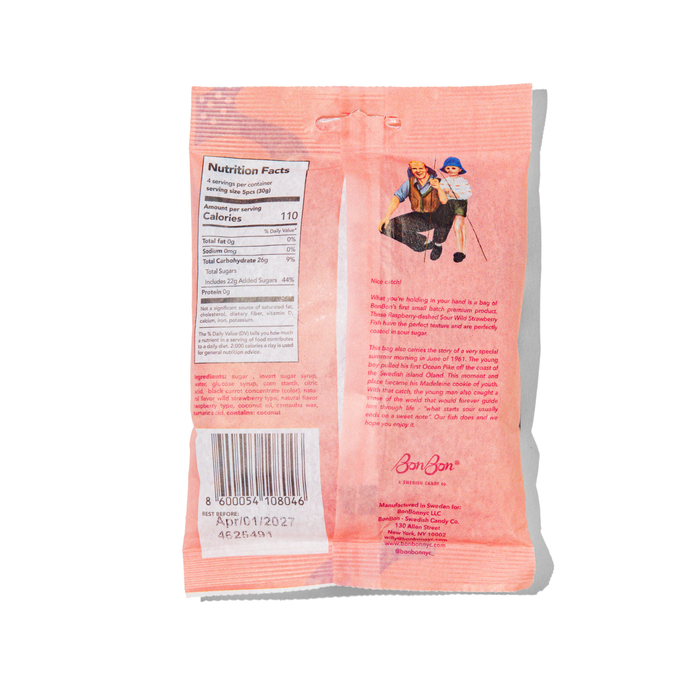 Pink snack package with nutritional information and branding on a white background