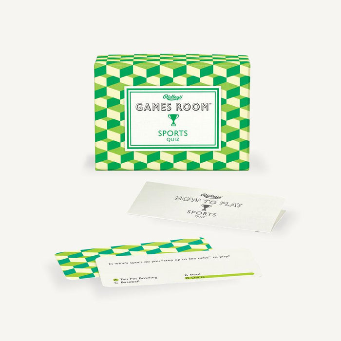A set of Chronicle Books' Sports Trivia cards with a green and white background features multiple choice questions to test your sports knowledge.